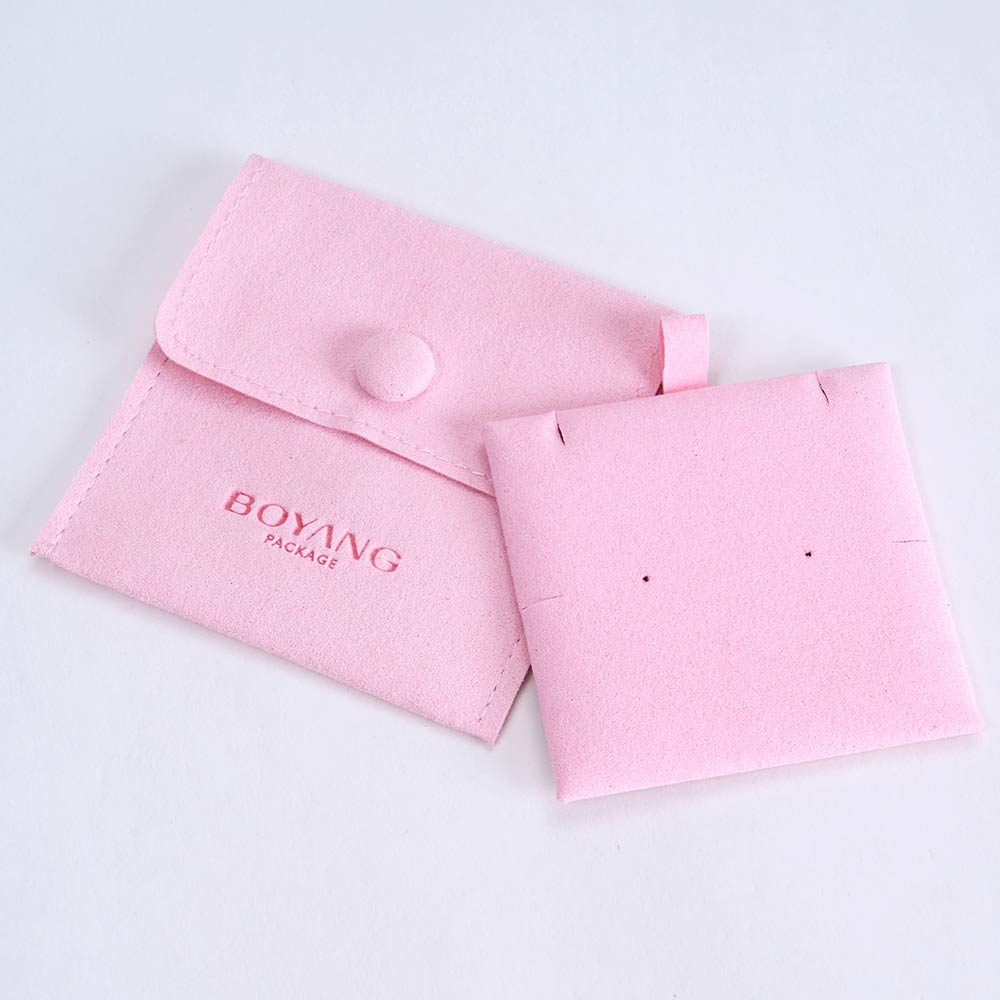 Pink custom logo small snap button suede jewelry bag microfiber jewelry pouch with insert pad