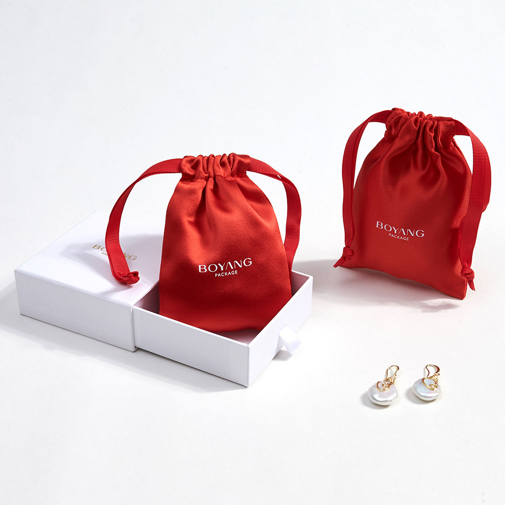 Custom small drawstring silk jewellery packaging bag satin jewelry pouch